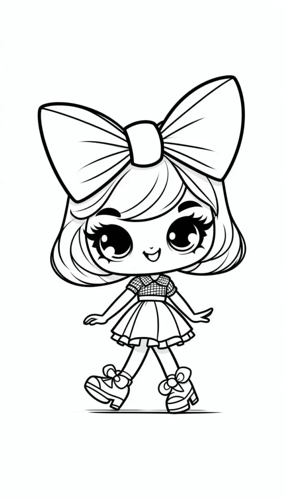 A Coquette  girl wearing a bow coloring sheet for kids 