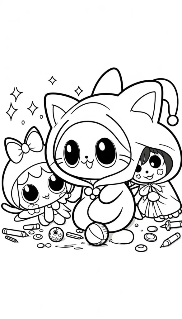 Chococat, My Melody, and Kuromi Coloring Pages