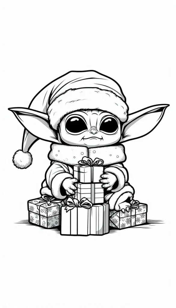 Christmas Baby Yoda Coloring Pages with gifts