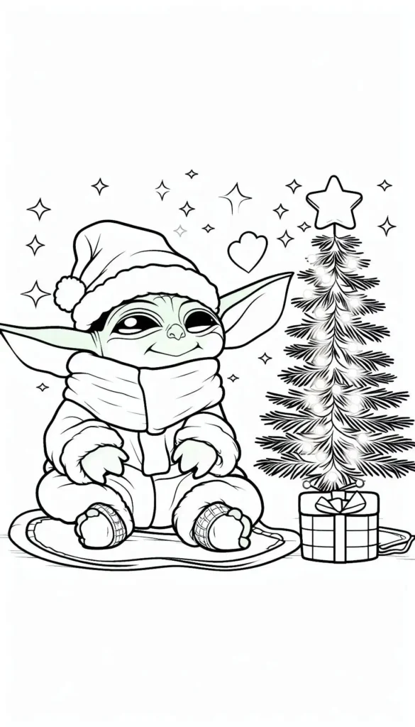 Christmas Baby Yoda Coloring Pages with christmas tree