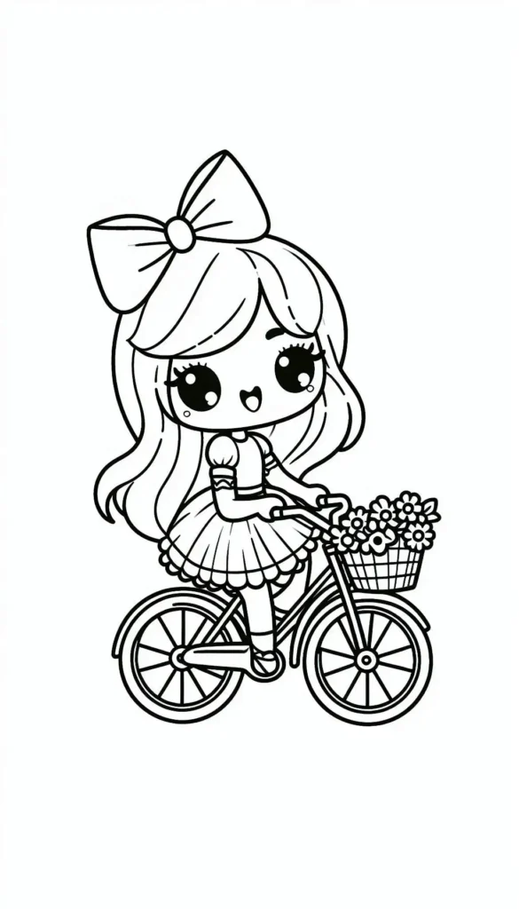 Cute Girl Riding a Bicycle Coloring Page