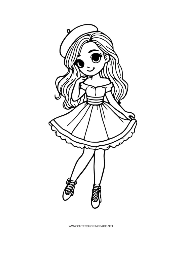 Cute Girl in Stylish Dress Coloring Page