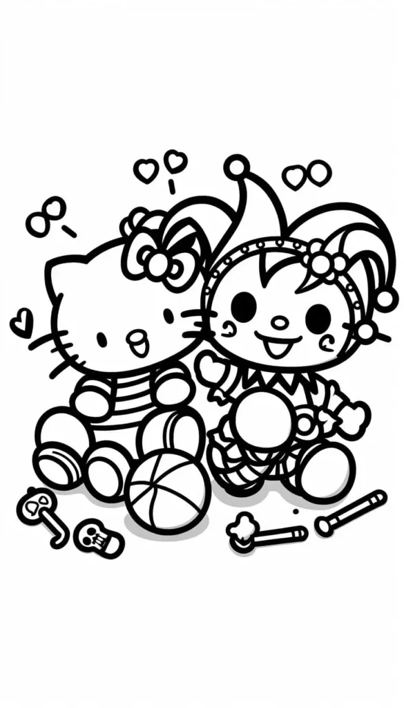 Hello Kitty and Kuromi playing with ball Coloring Pages for kids