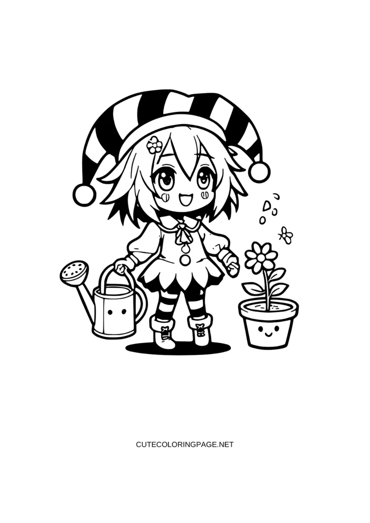 Kuromi Anime Girl watering a plant Coloring Pages