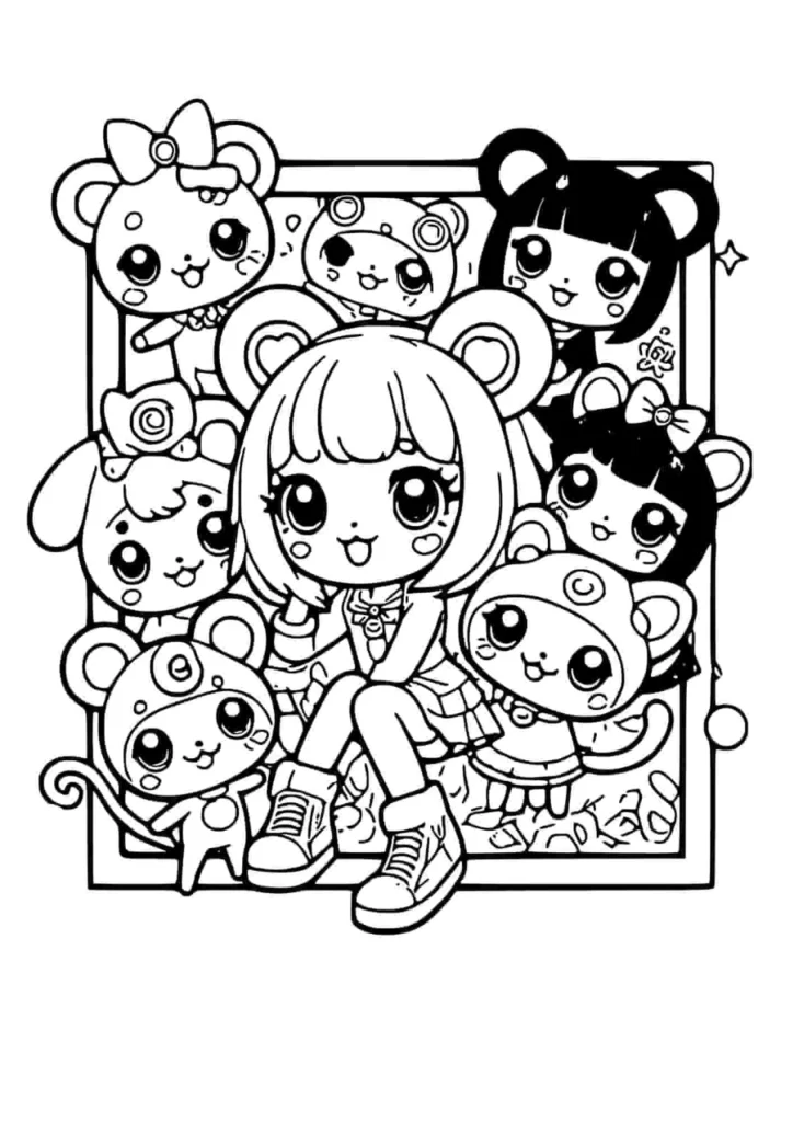 Kuromi is sitting in the middle of her Friend Coloring Pages