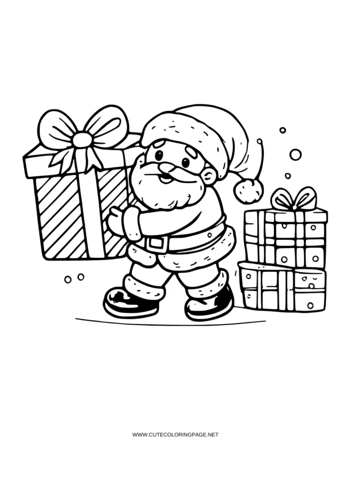 Santa Claus carrying a large gift box with a bow, surrounded by additional stacked gift boxes,